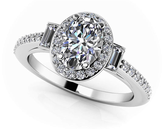 Luxurious Oval And Baguette Halo Diamond Engagement Ring
