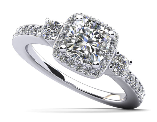 Cushion Cut Halo Diamond Engagement Ring With Side Stones