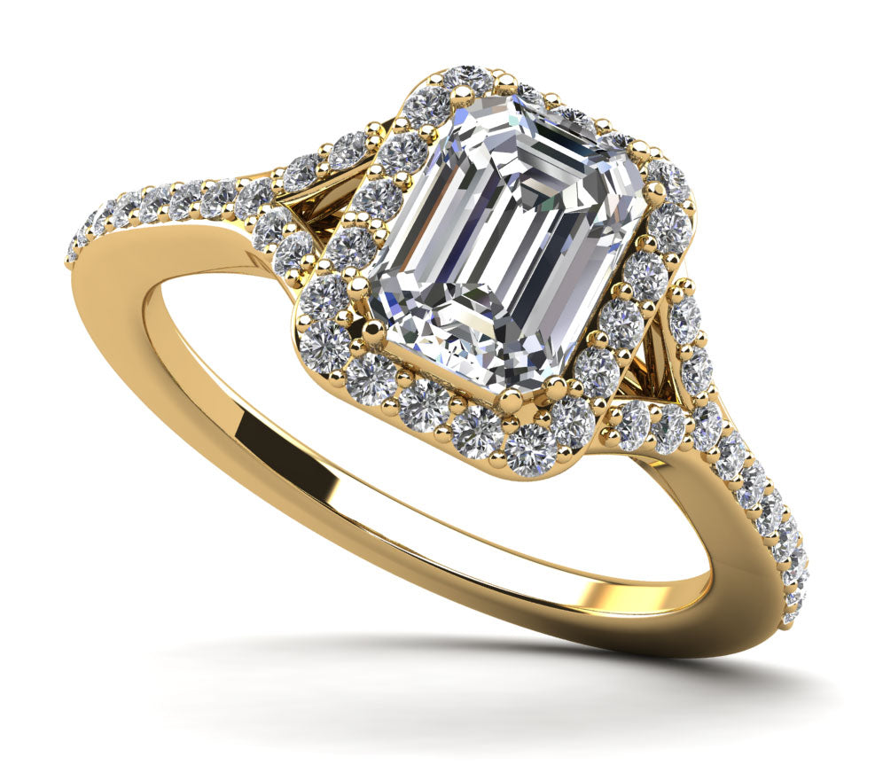Emerald Cut Halo Diamond Engagement Ring With Split Shank
