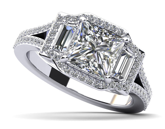 Princess And Baguettes Halo Engagement Ring