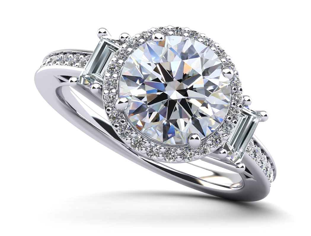 Three Stone Halo With Side Stones Engagement Ring