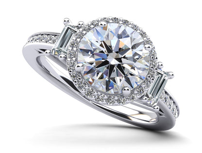 Three Stone Halo With Side Stones Engagement Ring