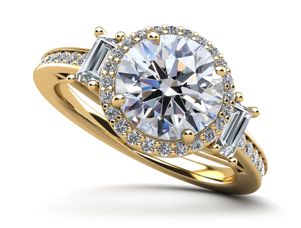 Three Stone Halo With Side Stones Engagement Ring