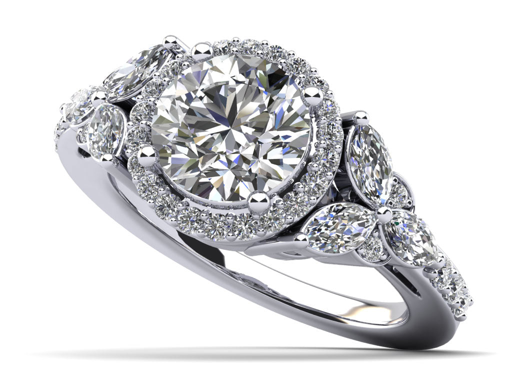 Halo Flower Engagement Ring With Round And Marquise Diamonds