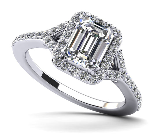 Emerald Cut Halo Diamond Engagement Ring With Split Shank