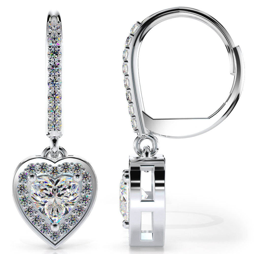 Diamond Heart Drop Earrings with Halo Diamonds