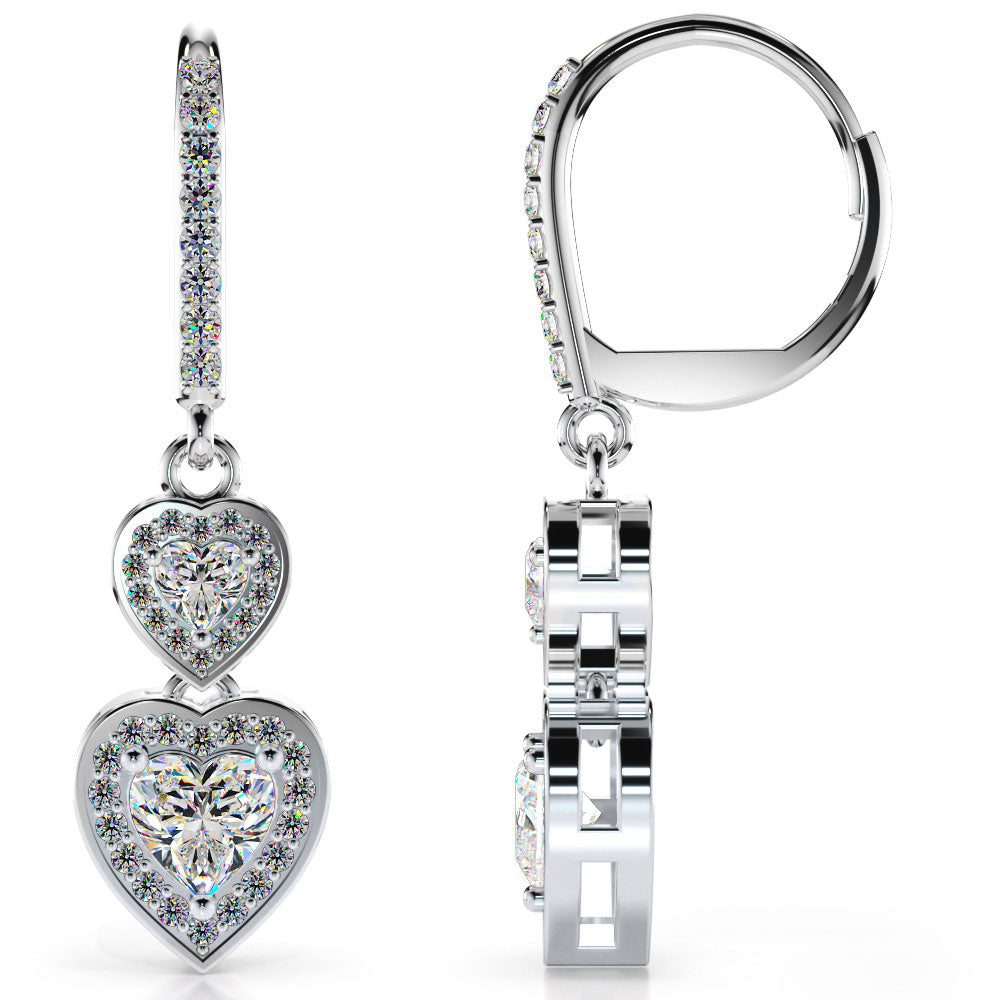 Diamond Heart Drop Earrings with Halo Round Diamonds