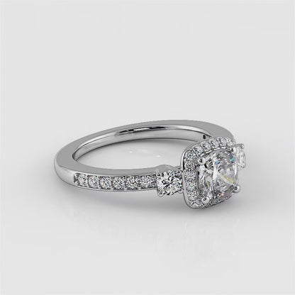 Cushion Cut Halo Diamond Engagement Ring With Side Stones