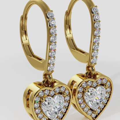 Diamond Heart Drop Earrings with Halo Diamonds