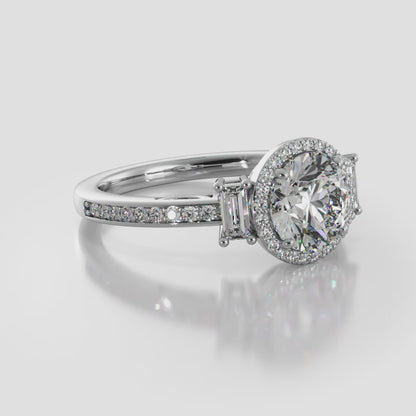 Three Stone Halo With Side Stones Engagement Ring