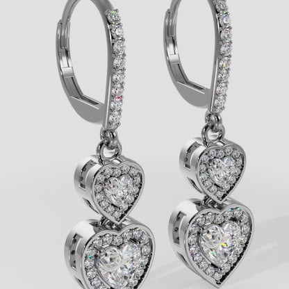 Diamond Heart Drop Earrings with Halo Round Diamonds