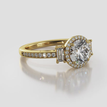 Three Stone Halo With Side Stones Engagement Ring