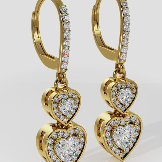 Diamond Heart Drop Earrings with Halo Round Diamonds